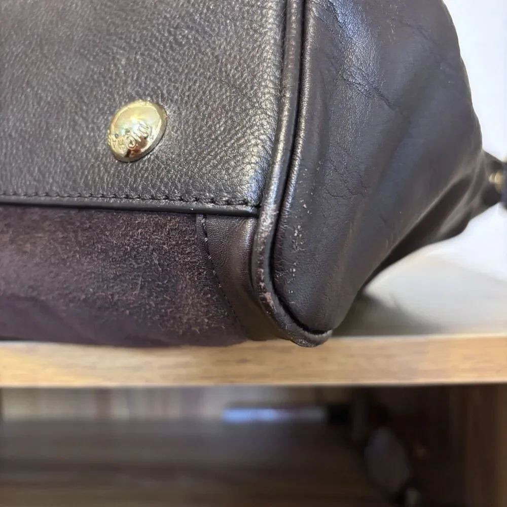 Michael Kors Large Hudson Satchel Suede Leather Coffee Brown Gold $398 Boho Chic